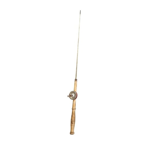 Vintage Wooden Ice Fishing Rod With Metal Reel Rustic Design Handcrafted - Picture 1 of 8